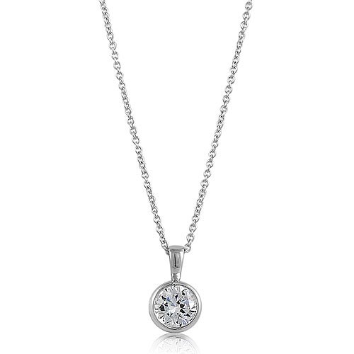 Sterling Silver Round Cubic Zirconia CZ Solitaire Pendant Necklace รูปที่ 1