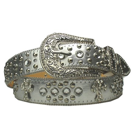 Silver Rhinestone Studded Cross Leather Belt XL 42 44  รูปที่ 1