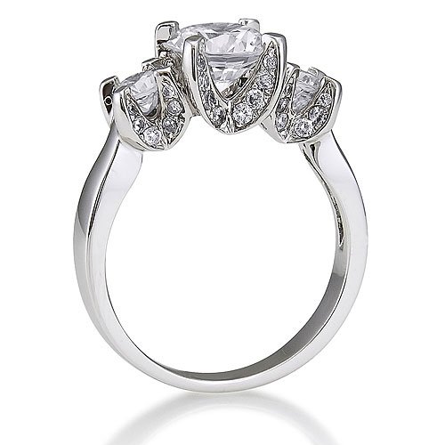 Sterling Silver 3-Stone Cubic Zirconia CZ Ring - Women's Engagement Wedding Ring รูปที่ 1