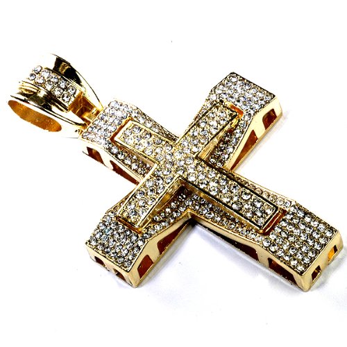 CZ Diamonds Yellow Gold Plated Micro Pave Hip Hop Men's Religious Cross Pendant รูปที่ 1