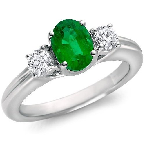 10K White Gold Oval Emerald & Diamond 3 Stone Ring (1/2 ctw) รูปที่ 1