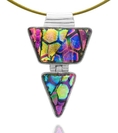Sterling Silver Dichroic Glass Bezel-Set Multi-Color Honeycomb Pattern Pendant on Stainless Steel Wire, 18