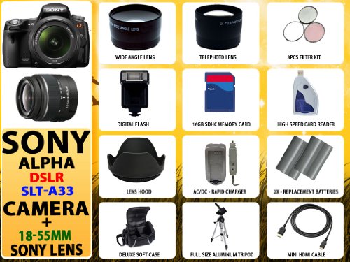 Review Sony Alpha Dslr-slt-a33 Digital Camera W/18-55mm Lens + Huge Accessories Package Including Wide Angle Macro Lens + 2x Telephoto Lens + 3 Pc Filter Kit + 16gb Sdhc Memory Card & Much More!! รูปที่ 1