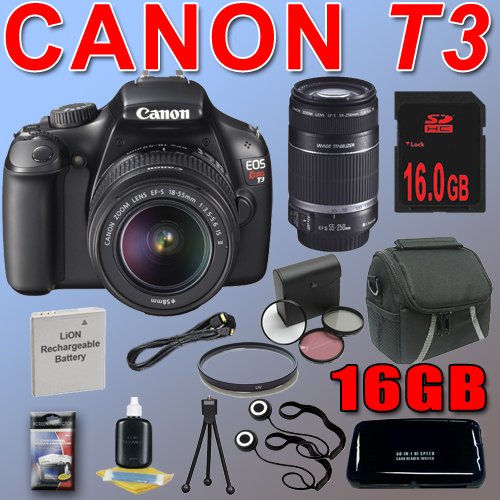 Review Canon EOS Rebel T3 Digital SLR Camera (1100D) w/ 18-55mm IS II Lens (Black) + Canon EF-S 55-250mm f/4-5.6 IS Lens + LPE10 Battery + Filter Kit + 16GB SDHC Memory DavisMAX Bundle รูปที่ 1