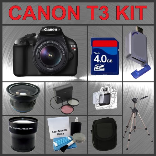 Review Canon EOS Rebel T3 EOS 1100D 12.2Megapixel Digital Camera with EF-S 18-55mm IS II Lens + 4GB Memory Card + Wide Angle Lens with Macro Extension + Telephoto Digital Conversion Lens + Lens Filter Kit + Full Size 53'' Tripod + LCD / Lens Cleaning Kit + LCD Screen Protectors + 2.0 USB SD Memory Card Reader + Carrying Case Accessory Kit รูปที่ 1