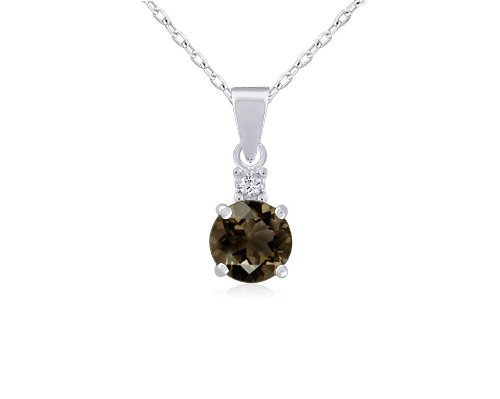 Sterling Silver 7mm Round Smoky Quartz and Diamond-Accent Pendant, 18