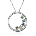Sterling Silver Multi-Gemstone Flower and Diamond Circle Pendant, 18