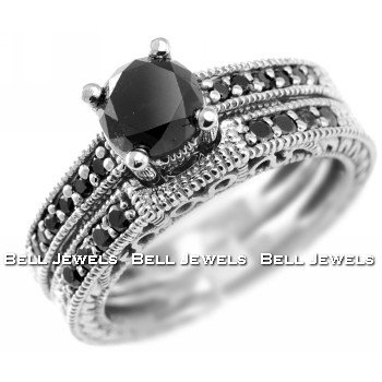 1.60ct Fancy Black Diamond Engagement Ring & Wedding Band Set 14k White Gold รูปที่ 1