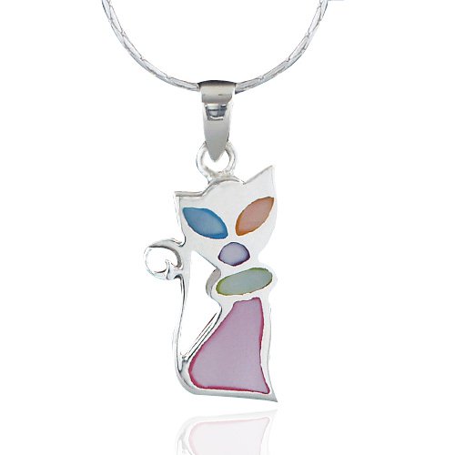 Sterling Silver Multi-Color Mother of Pearl Cat Pendant Necklace for Women 18'' รูปที่ 1