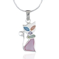 Sterling Silver Multi-Color Mother of Pearl Cat Pendant Necklace for Women 18''