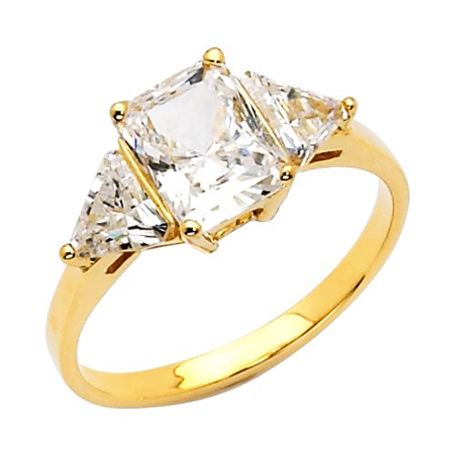 14K Yellow Gold Emerald Three Stone CZ Cubic Zirconia Wedding Engagement Ring Band รูปที่ 1