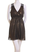 Banana Monkey Macramé Empire Waist Lined Mini Dress Metallic Olive ( Casual Dress )