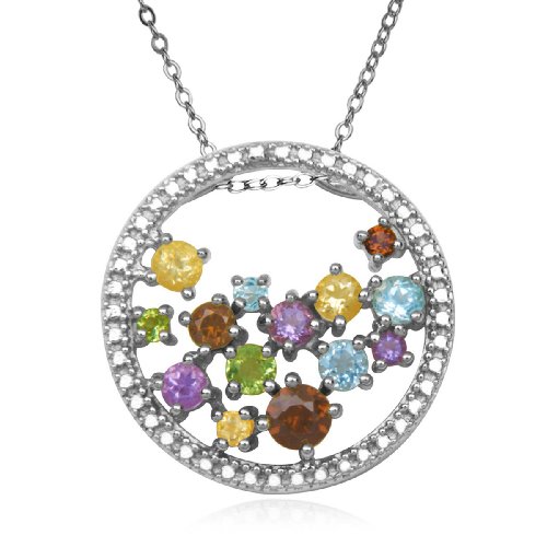 Sterling Silver Multi-Gemstone and Diamond Circle Pendant, 18