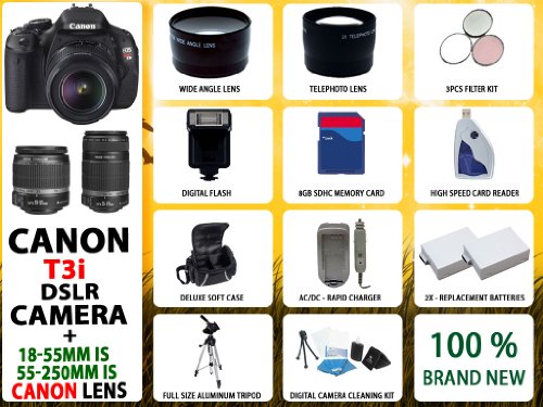 Review Canon EOS Rebel T3i SLR Digital Camera Kit with Canon 18-55mm Is Lens + Canon 55-250mm Is Lens + Huge Accessories Package Including Wide Angle Macro Lens + 2x Telephoto Lens + 3 Pc Filter KIT + 8gb Sdhc Memory Card & Much More!! รูปที่ 1