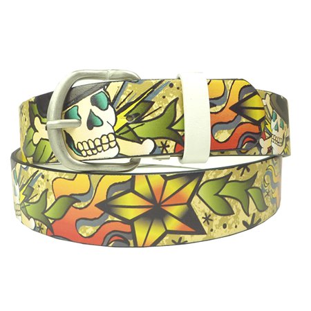 New Mens Flaming Skull Tattoo Style Tan Leather Belt  รูปที่ 1