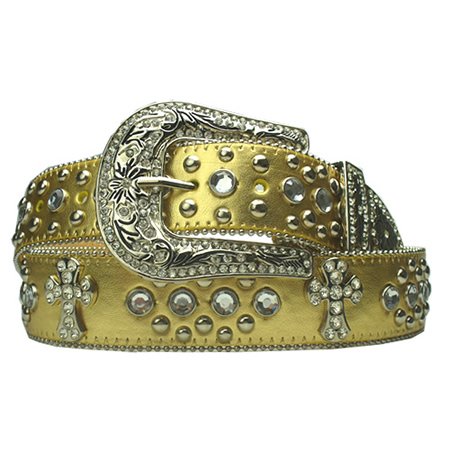 New Gold Rhinestone Studded Cross Leather Belt L 38 40  รูปที่ 1