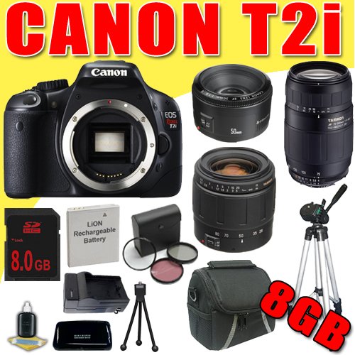 Review Canon EOS Rebel T2i 18 Megapixel CMOS APS-C Digital SLR Camera w/ Tamron AF 28-80mm + Tamron 75-300mm + Canon 50mm f/1.8 Lenses Wide Angle / Tele Lenses LPE8 Battery/Charger Filter Kit Tripod 8GB DavisMAX 5 Lens Bundle รูปที่ 1