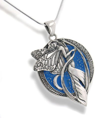 Sterling Silver Sky Blue Moonlight Fairy Celtic Art Pendant Necklace รูปที่ 1