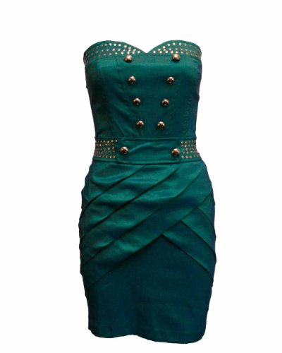 Teal Green Strapless Tight Dress Metal Buttons & Dots Zipper Back ( Night out Dress ) รูปที่ 1