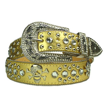 New Gold Rhinestone Studded Skull Leather Belt S 30 32  รูปที่ 1