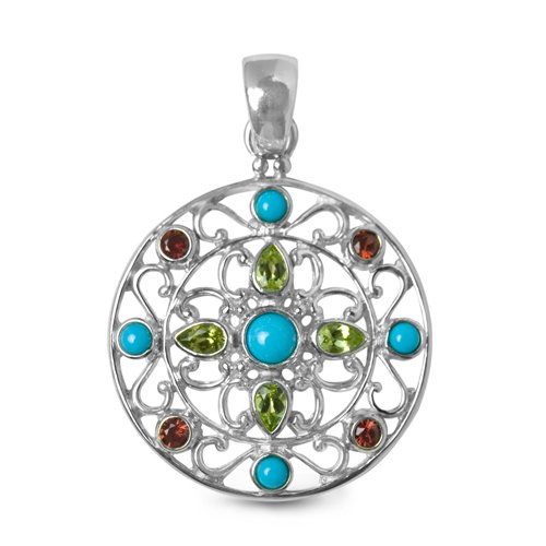 Sterling Silver, Turquoise, Peridot and Garnet Bright America Pendant รูปที่ 1