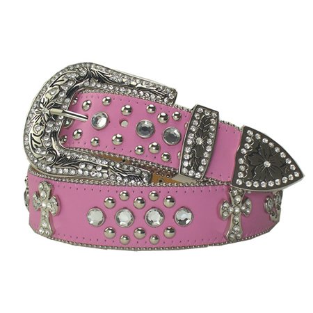 New Pink Rhinestone Studded Cross Leather Belt M 34 36  รูปที่ 1