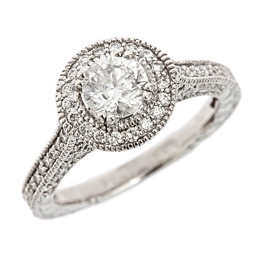 14k White Gold Round Diamond Engagement Ring Vintage Style (1 1/3 Carats, SI-1 Clarity,E/F Color) รูปที่ 1