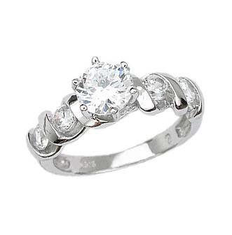 Sterling Silver Solitaire Engagement Ring With Round Cubic Zirconia in 6 Prong Setting With Sidestones รูปที่ 1
