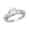 Sterling Silver Solitaire Engagement Ring With Round Cubic Zirconia in 6 Prong Setting With Sidestones