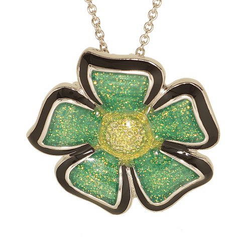 Green Glitter Epoxy Flower Pin Pendant in Silvertone รูปที่ 1