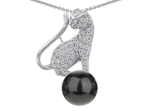 14K White Gold Plated 925 Sterling Silver Cat Pendant with 7mm Majorca Cultured Black Pearl and Genuine White Quartz รูปที่ 1