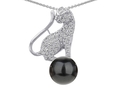 14K White Gold Plated 925 Sterling Silver Cat Pendant with 7mm Majorca Cultured Black Pearl and Genuine White Quartz