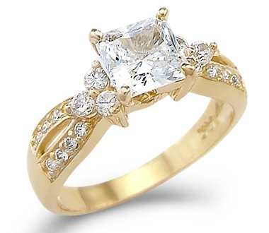 Solid 14k Yellow Gold Princess Cut CZ Cubic Zirconia Engagement Wedding Ring 1.5 ct รูปที่ 1