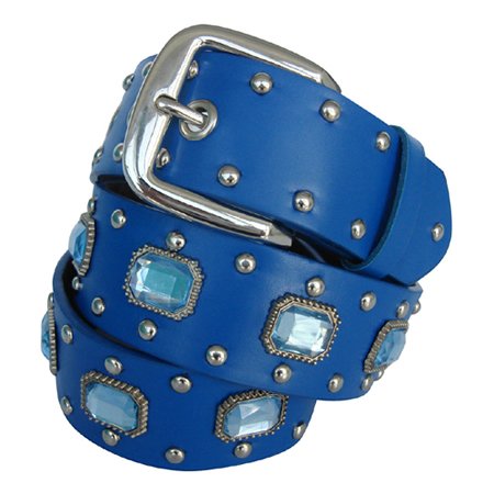 Blue Sapphire Rhinestone Studded Leather Belt L 38 40  รูปที่ 1