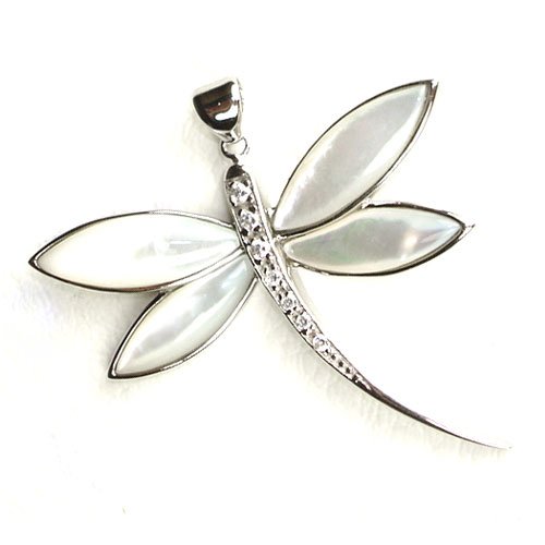 Natural Mother of Pearl & Swarvoski Crystal Dragonfly Design Sterling Silver Pendant with Rhodium Plated (come with 16