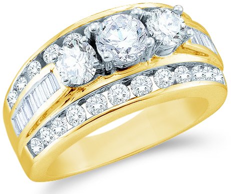 Solid 14k Yellow OR White Gold 3 Three Stone Round Cut Big Large Diamond Engagement Wedding Ring Band with Baguette and Round Side stone Diamonds (3.0 cttw, G - H Color, SI2 Clarity) รูปที่ 1