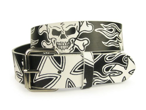 Snap On Skull and Iron Cross Tattoo Ink Fashion Bonded Leather Belt  รูปที่ 1