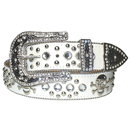 New White Rhinestone Studded Skull Leather Belt M 34 36  รูปที่ 1