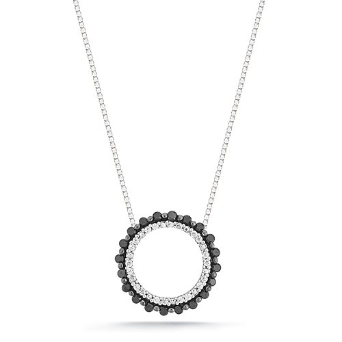 10k White Gold Black and White Diamond Circle Pendant (1/4 cttw I-J Color, I2-I3 Clarity), 18