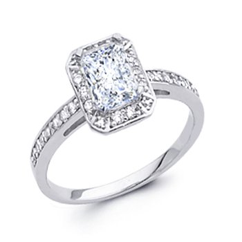 14K White Gold Oval Shape with Side Stone CZ Cubic Zirconia Wedding Engagement Ring Band รูปที่ 1