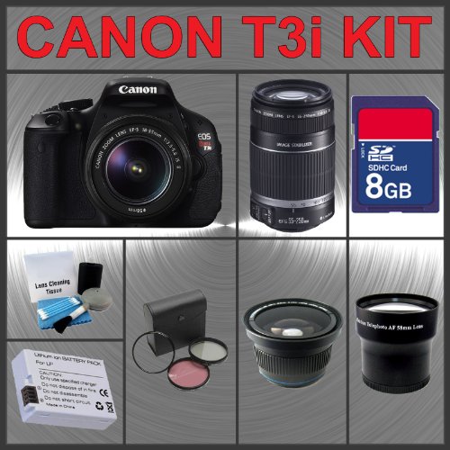 Review Canon EOS Rebel T3i 18Megapixel Digital Camera with EF-S 18-55mm IS II Lens + Canon EF-S 55-250mm f/4.0-5.6 IS Telephoto Zoom Lens + 8GB Memory Card + Spare Extended Life Li-Ion Battery + 3 Piece Lens Filter Kit + Wide Angle Lens with Macro Extension + Telephoto Digital Conversion Lens + Lens / LCD Cleaning Kit + Accessory Kit รูปที่ 1