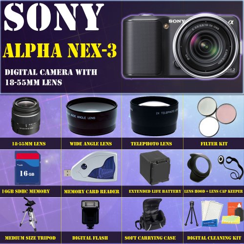 Review Sony Alpha Nex-3 Interchangeable Lens Digital Camera (Black) with Sony E-series 18-55mm F/3.5-5.6 OSS Lens W/shade + Huge Accessories Package Including Wide Angle Macro Lens + 2x Telephoto + 3 Pc Filter KIT + 16gb Sdhc Memory Card + Extended Long Life Battery + Carrying Case + Tripod + Lens Hood + Lens Cap Keeper & Much More!! รูปที่ 1