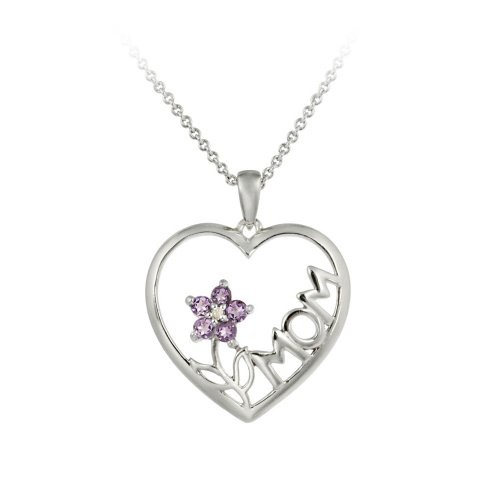 Sterling Silver, Diamond-Accent and Amethyst MOM with a Flower Heart Pendant Necklace, 18