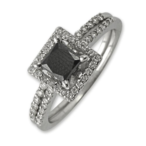 1.00cttw Natural White Round Diamonds (SI-Clarity,G-H-Color) with Princess cut Natural Treated Black Diamond (AAA-Clarity, Deep Black-Color) Bridal Set (Engagement Ring with Matching Band) in 14K White Gold รูปที่ 1