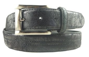 Black Double Stitched Distressed Leather Dress Belt With Chrome Buckle  รูปที่ 1