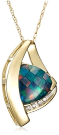 10k Yellow Gold Trillion Cut Created Mosaic Opal and Diamond Pendant, 18