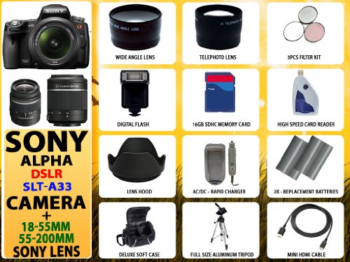 Review Sony Alpha Dslr-slt-a33 Digital Camera with 18-55mm Lens + 55-200mm Lens + Huge Accessories Package Including Wide Angle Macro Lens + 2x Telephoto Lens + 3 Pc Filter Kit + 16gb Sdhc Memory Card & Much More!! รูปที่ 1