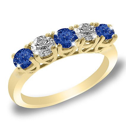 5 Stone Round Blue Sapphire & Diamond Ring in 14K Yellow Gold (1/2 ctw) รูปที่ 1