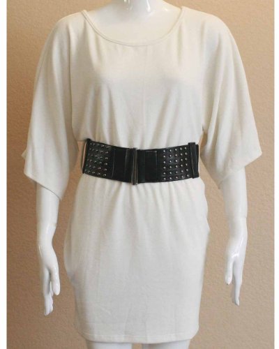 Ladies Ivory Tunic Dress with Black Fashion Belt ( Casual Dress ) รูปที่ 1