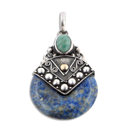 Blue Lapis and Amazonite Donut Bali-Style Sterling Silver Pendant รูปที่ 1